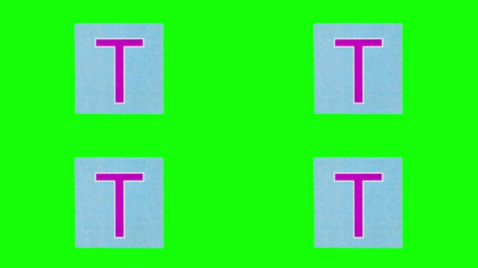 蓝色矩形上的大字母T定格动画，在绿色屏幕上循环纸张皱褶