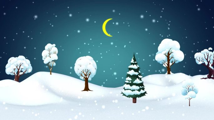 雪、雪落雪山、松树、冰冻树的冬季场景景观卡通动画。美丽的十二月自然风光