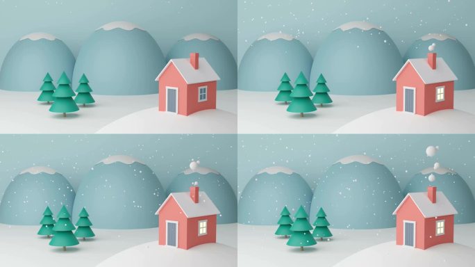 冬天山上的小房子。景观与积雪覆盖的地区。三维动画的冬季景观与云，冷杉树和山。高山小屋。滑雪胜地酒店。