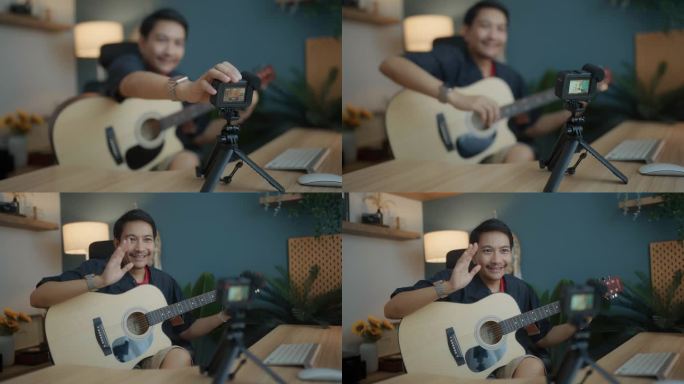 这位音乐家喜欢弹古典吉他，也喜欢在家给学生们上在线吉他课。