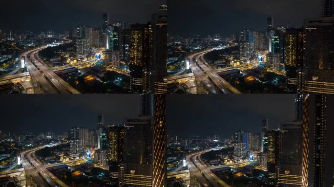 夜间照明吉隆坡市中心交通街道十字路口航拍全景4k延时马来西亚