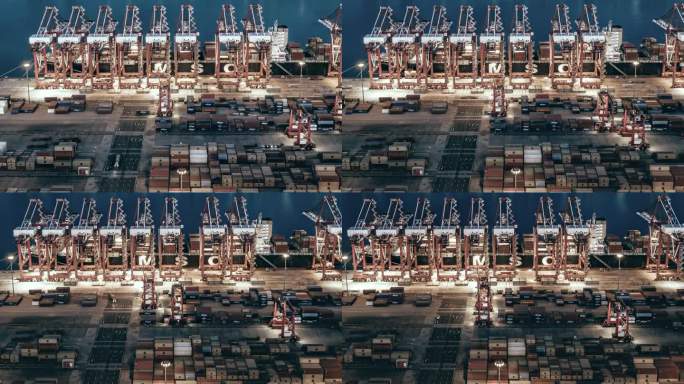 夜间集装箱船工业港口的超延时/鸟瞰图