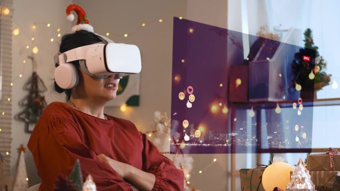 亚洲女性在家中观看直播的新年烟花虚拟活动时，使用虚拟现实眼镜倒计时和派对纸拍摄