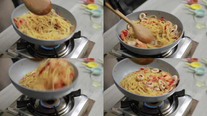 意大利和泰国风味的结合，自制意大利面和记毛在一个融合的烹饪创作食品