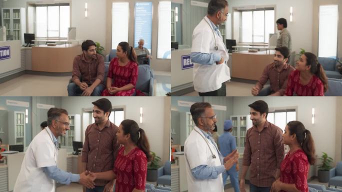 印度医疗保健服务:专业医生与病人交谈，与他们分享有关健康治疗的好消息。家庭医生给年轻夫妇的建议