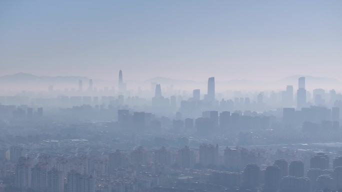 宁波城市高楼雾都雾霾剪影