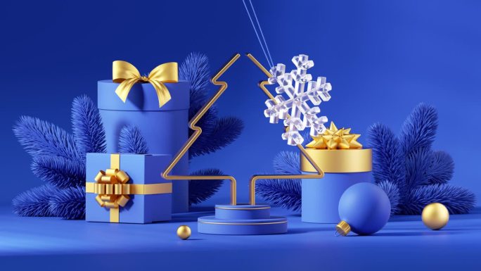 4k循环3d动画。圣诞循环背景。水晶雪花摆荡，金色冷杉树纺纱，礼盒和云杉细枝包裹。寒假壁纸