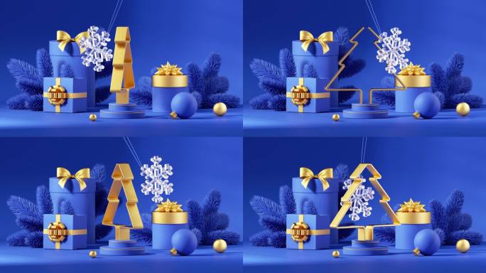 4k循环3d动画。圣诞循环背景。水晶雪花摆荡，金色冷杉树纺纱，礼盒和云杉细枝包裹。寒假壁纸