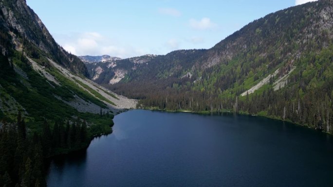 森林覆盖的山间湖泊鸟瞰图