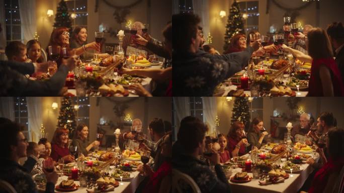 在家里与多元文化的亲人一起庆祝圣诞节，享受火鸡晚餐。全家人举杯、祝酒、庆祝寒假，节日气氛弥漫