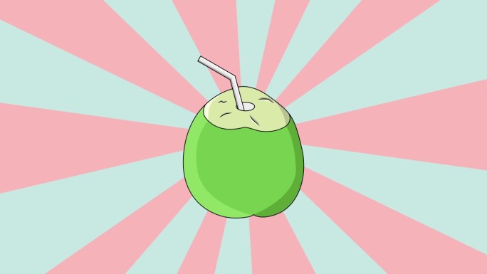 动画椰子水饮料图标与旋转的背景
