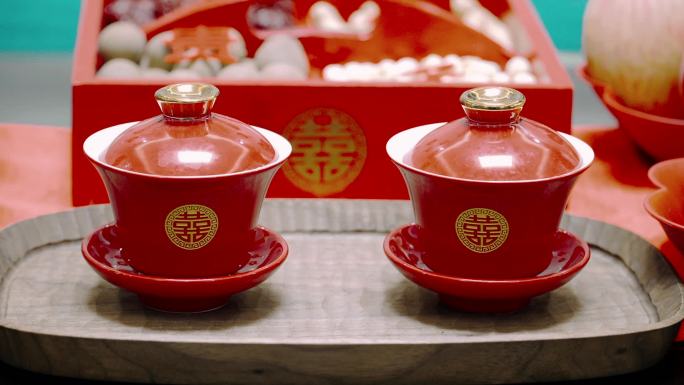 红色喜字敬茶茶碗中式