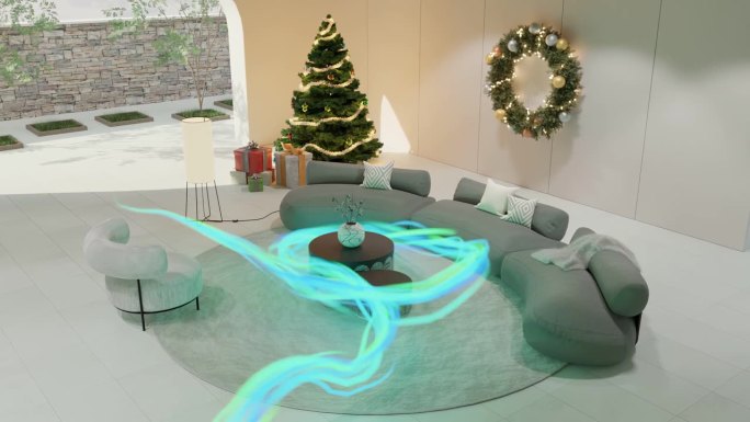 发光的线条穿过圣诞装饰的客厅-视觉特效渲染