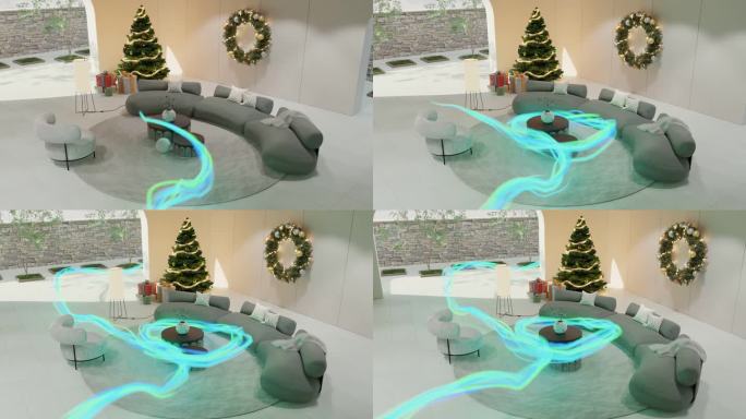 发光的线条穿过圣诞装饰的客厅-视觉特效渲染