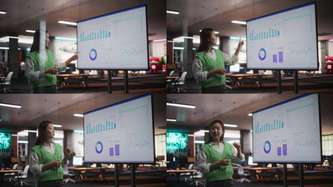 创意办公室会议:美丽的亚洲女性项目经理的肖像，展示营销策略的财务目标，使用带有数据分析的电视机，电子