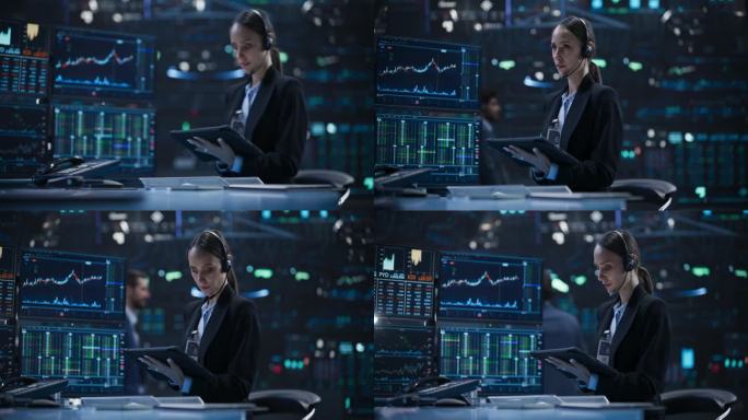 一位在国际证券交易所大厅工作的女交易员的画像:年轻的经纪人在办公室里使用平板电脑，一边与客户通话，一