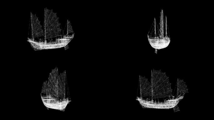 3D中国垃圾在黑色背景上旋转。中国古代经典帆船。香港舢舨。木制的中国帆船。用于标题，文本，演示。3d