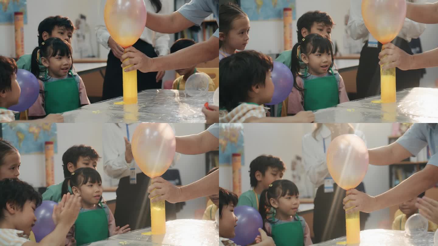 各种各样的孩子都对小苏打和醋的化学反应产生二氧化碳感到兴奋。开始在课堂上吹气球