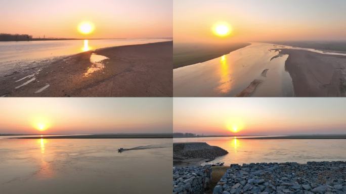 黄河落日快艇夕阳堤坝