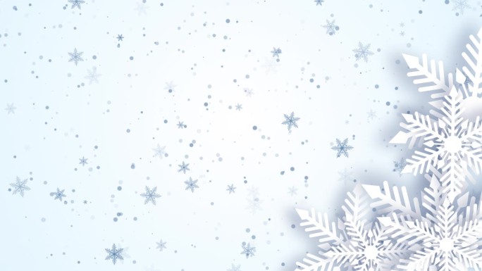 剪纸装饰白色雪花与飘落的雪颗粒。循环冬季动画屏幕保护程序与白色背景。