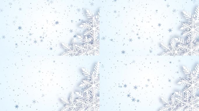 剪纸装饰白色雪花与飘落的雪颗粒。循环冬季动画屏幕保护程序与白色背景。