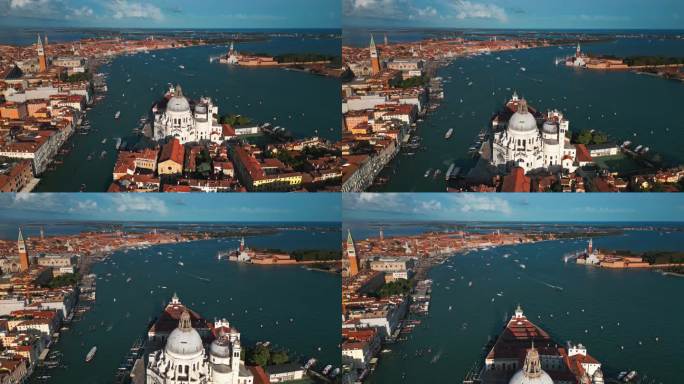 航拍威尼斯城的实时镜头，飞过Basílica de Santa Maria della Salute