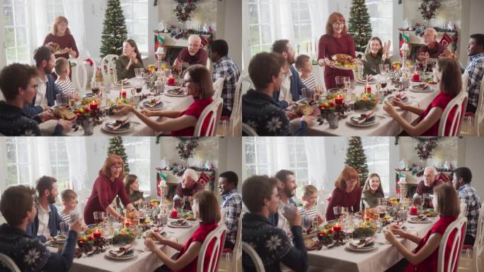几代同堂的家庭成员在圣诞火鸡晚餐上分享有趣的故事和喜悦。家里充满了冬季的节日气氛，亲戚和亲人享受着节