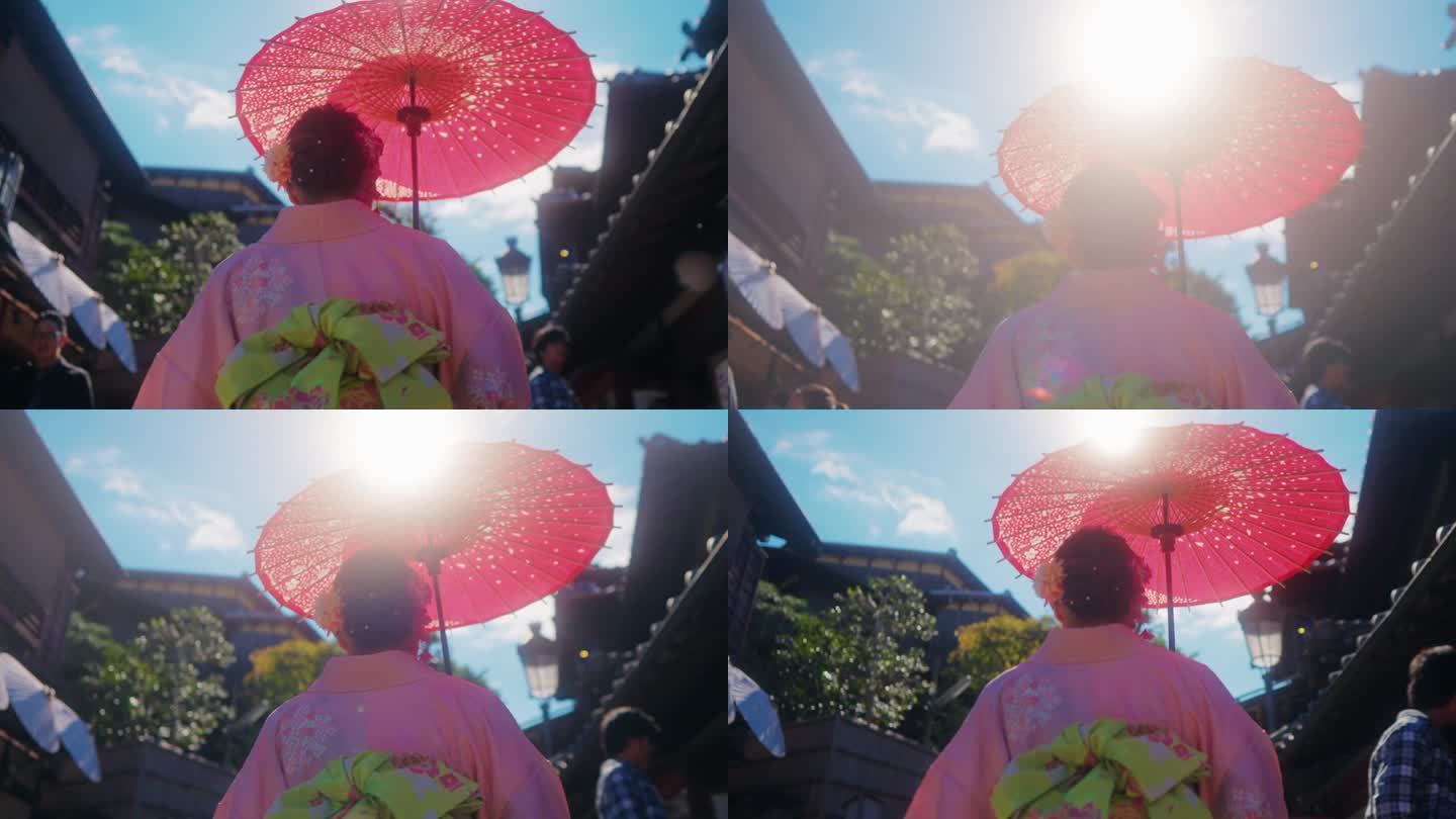 穿着日本传统和服漫步在老城区享受户外生活方式活动在日本城市旅行