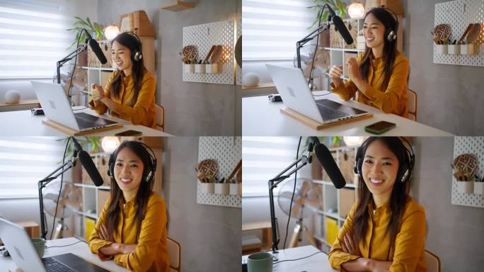 日本女性的肖像，在她的家庭工作室录制播客