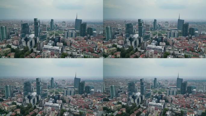 鸟瞰图米兰城市景观的实时镜头看到可持续的生活方式垂直bosco和在米兰市中心区，意大利