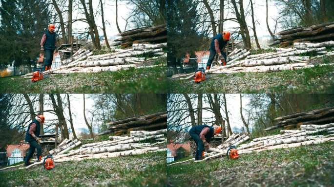 一个老人拿着电锯在林地后院整理原木