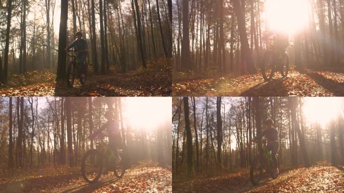 慢动作，镜头光晕女士骑着自行车穿过金色的秋天森林