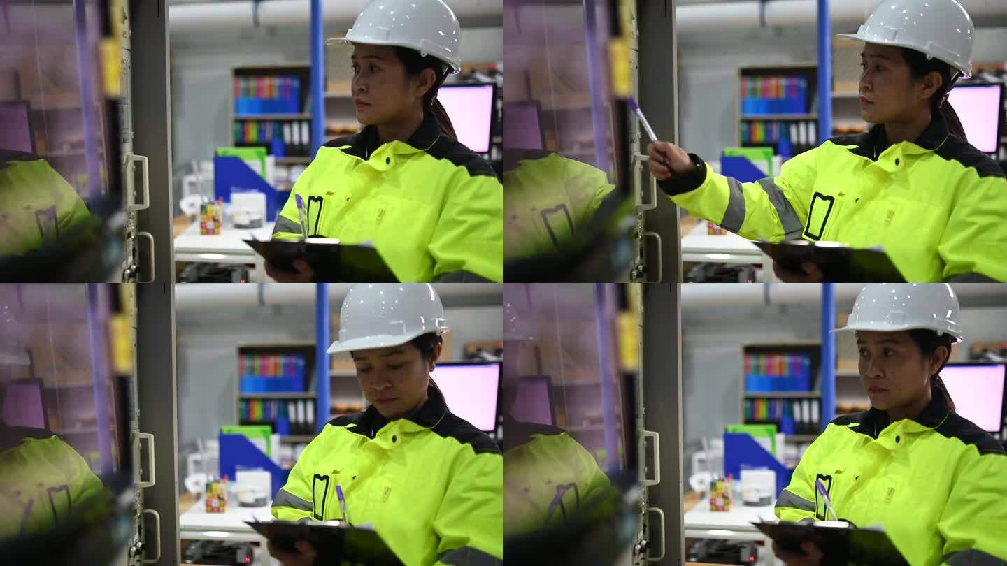 女电气工程师在控制室的配电柜前检查电压