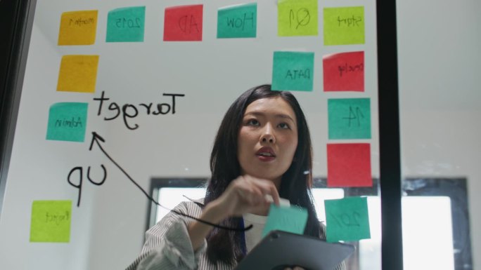 一位亚洲女商人一边在办公室的玻璃墙上写笔记，一边使用数码平板电脑