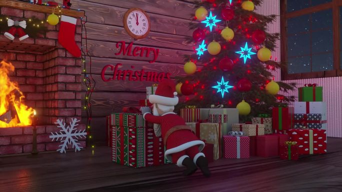 圣诞动画。圣诞老人推礼物。圣诞老人拿着圣诞礼物站在圣诞树旁。圣诞快乐，新年快乐动画。