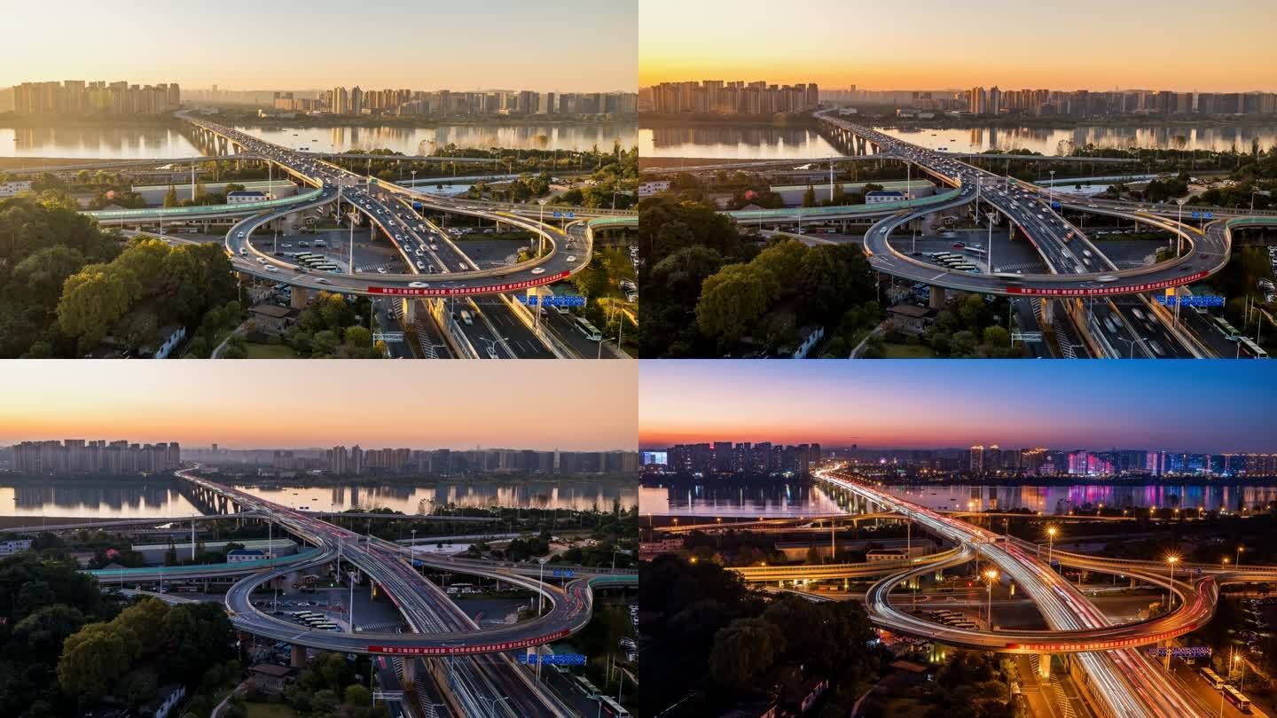 湖南长沙湘府路大桥日转夜延时摄影