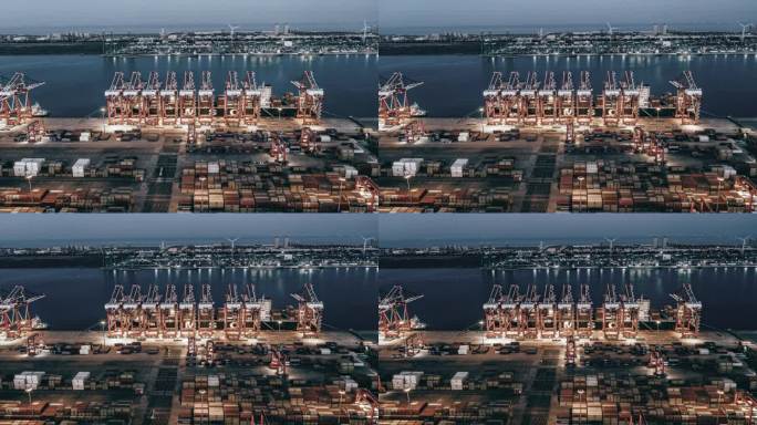 集装箱船工业港夜间航拍图