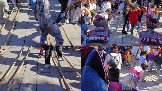 游客互动苗族竹杆舞少数民族风情跳竹子舞