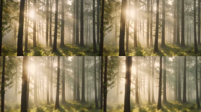 清晨的森林光影和晨雾