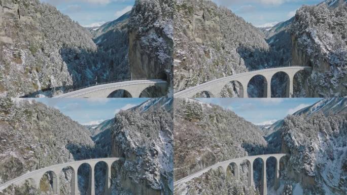 瑞士冬季的Landwasser高架桥冰川和Bernina高速铁路。