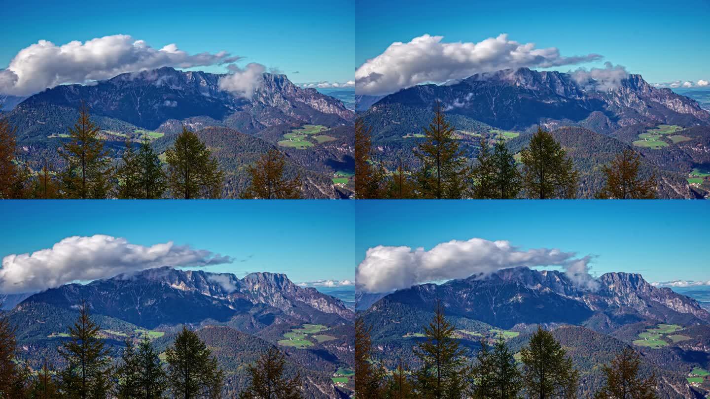 从巴伐利亚阿尔卑斯山的Kehlstein岩石上俯瞰群山。