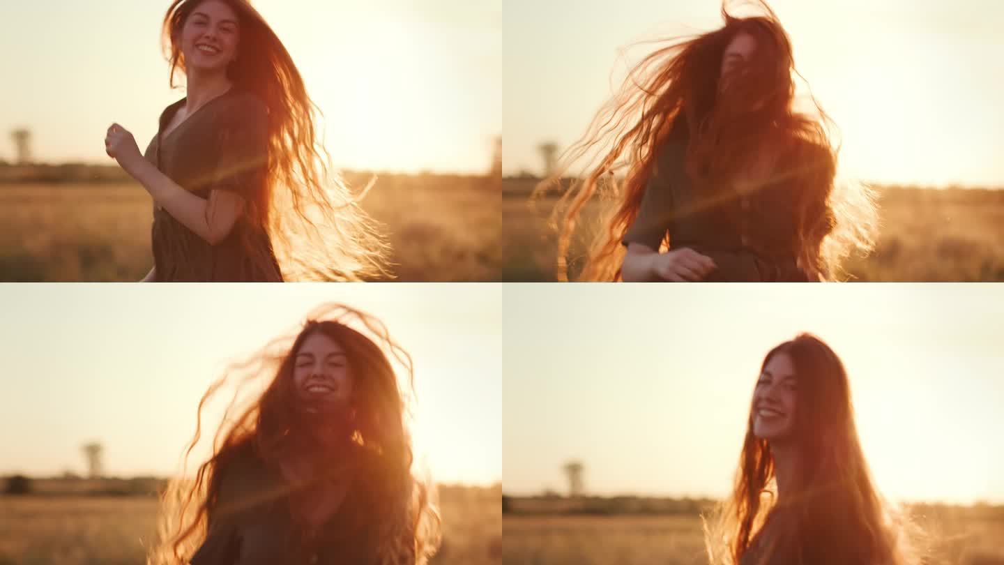 夕阳西下，红头发的女人穿过田野跑向远方。