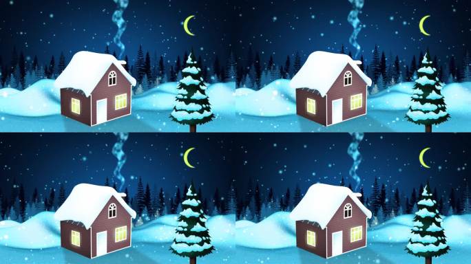 美丽的冬季景观，白雪覆盖的小山上的木屋和圣诞树。假期和假期概念。有月亮的夜空。家与烟囱烟雾在冰冻的冰
