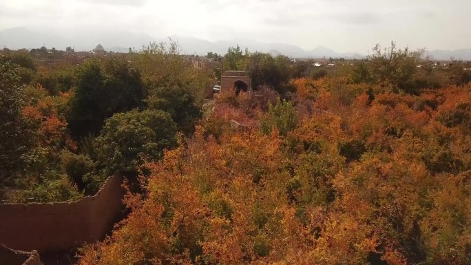 阿达干亚兹达阿克达游牧民族村庄，五颜六色的石榴花园里的历史建筑泥砖粘土屋，收获季节的橙黄绿叶树