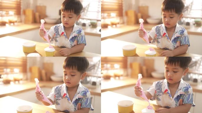 家庭自制的幸福:亚洲孩子在他们的厨房里烹饪甜蜜的回忆。
