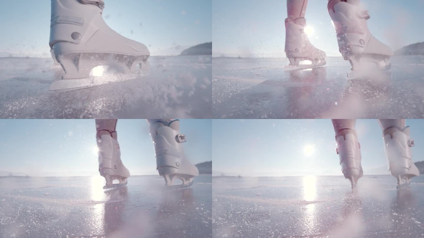 镜头光晕，超级慢动作，特写:当女士打开她的冰鞋时，冰块飞了起来