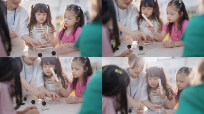 在一所国际学校的活动中，孩子们在教室里愉快地学习科学实验。