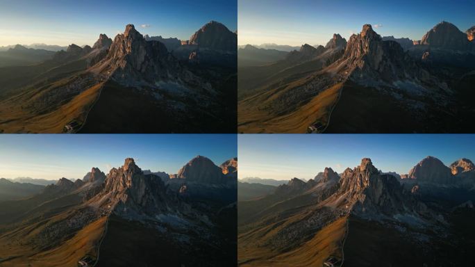鸟瞰日落时分的Giau山口，这是意大利多洛米蒂山脉最著名的山口之一，