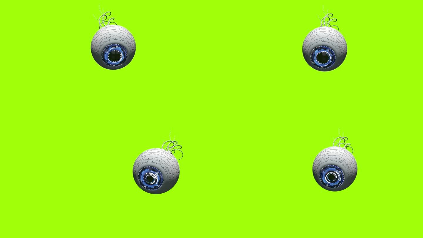 白色的机器人眼睛，有视神经和蓝色的虹膜，当瞳孔放大和闭合时漂浮。循环序列。三维动画