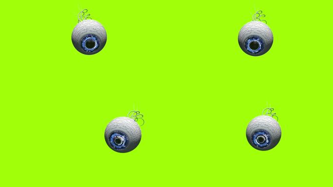 白色的机器人眼睛，有视神经和蓝色的虹膜，当瞳孔放大和闭合时漂浮。循环序列。三维动画